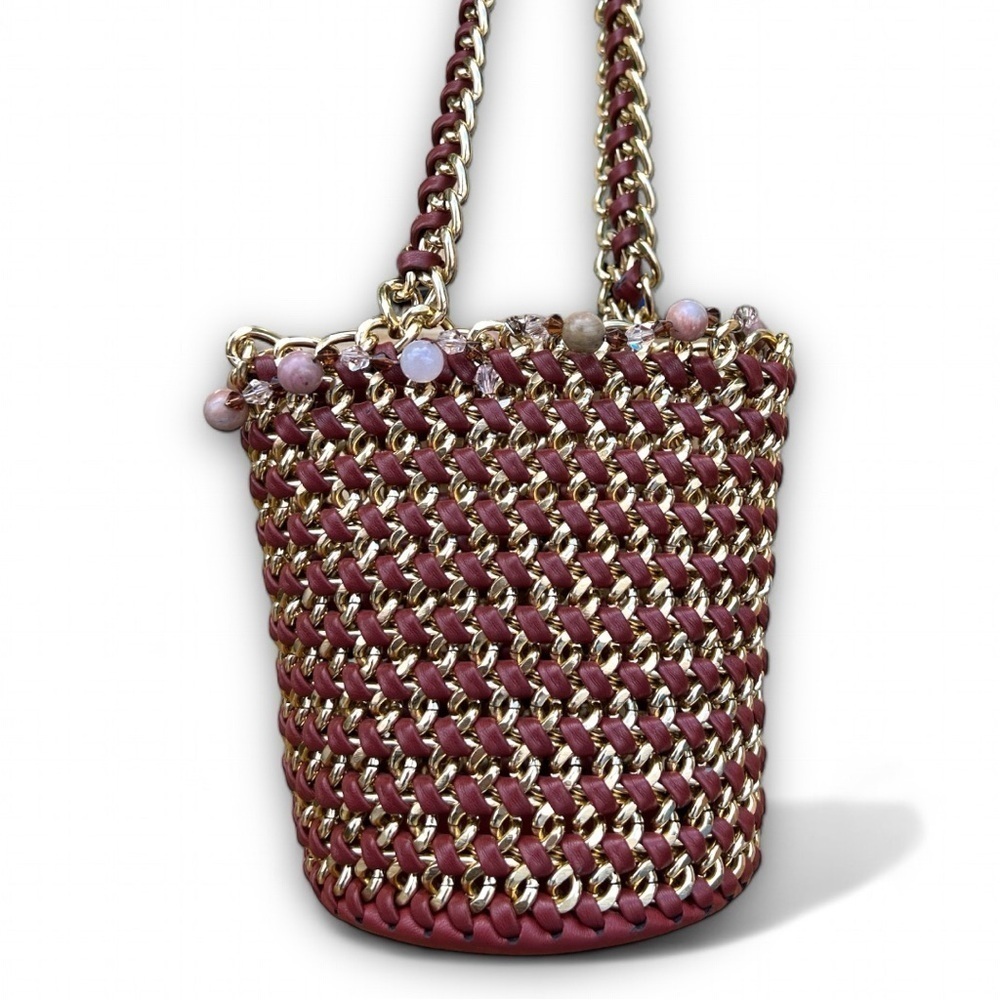 Street Level Burgundy Gold Chain Woven Bucket Bag With Beaded Trim Top